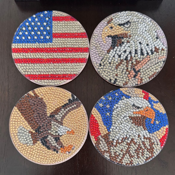 Handmade Other - 🇺🇸 Diamond Art Patriotic Eagle Coasters – Set of 4 (Wood Base)